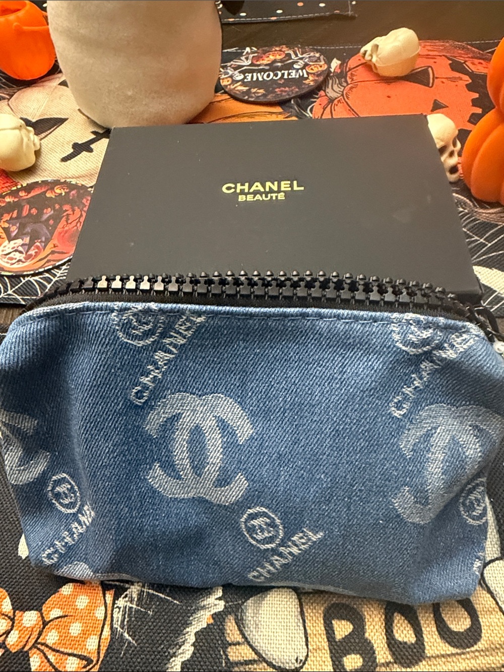 CHANEL Blue Denim CC Logo Toiletry Pouch/ crossbody